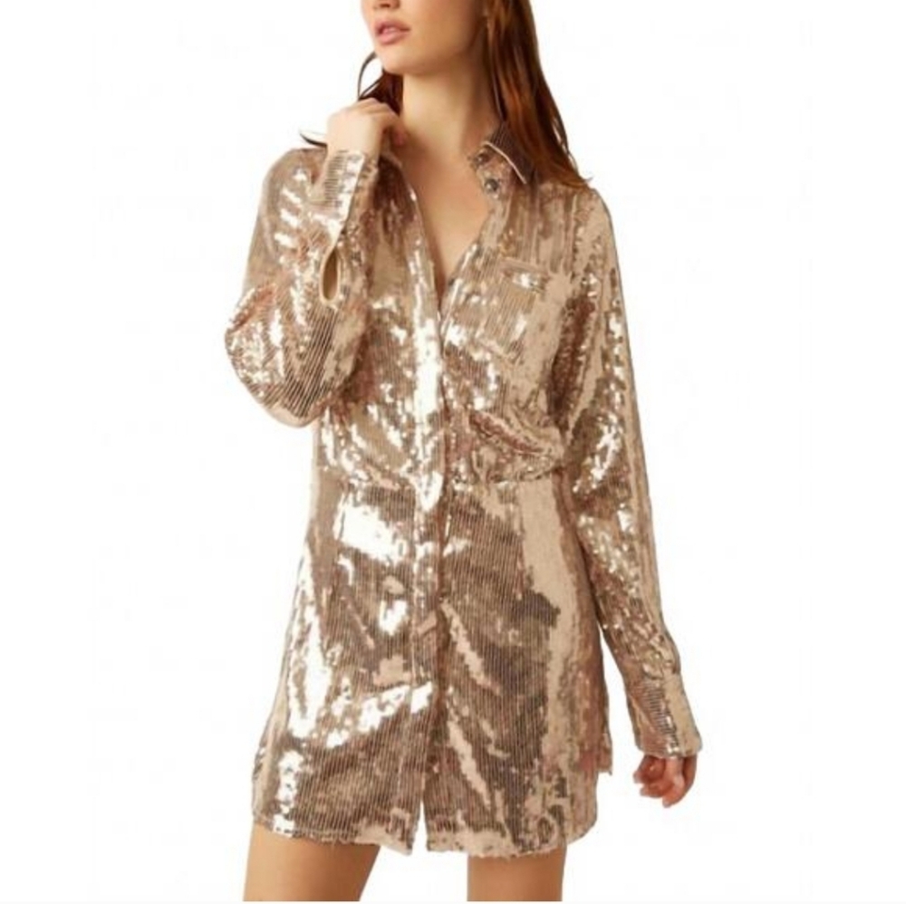 Free People Champagne Sequin Button-Up Dress Small